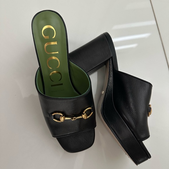 Gucci Black Leather Mules with Gold Detail - Picture 2 of 8